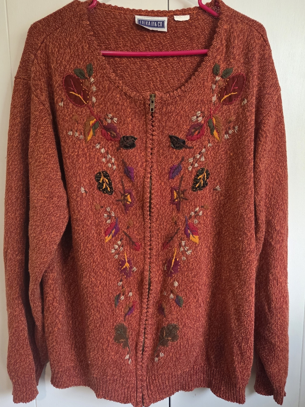 VTG Erika & Co Embroidered Cardigan Sweater Zip Front Fall Leaves Rust